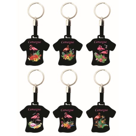 Porte-clés en métal forme Tee-shirt Flamant rose Camargue