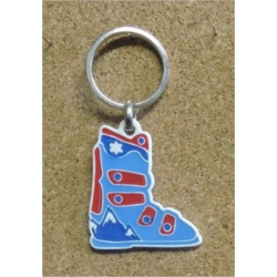 Porte-clés forme botte de ski émaillé coloris bleu/rouge