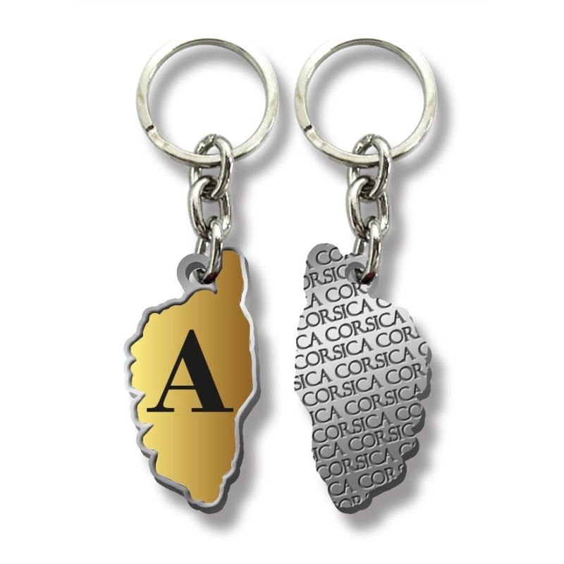 Porte-clés forme carte de Corse doming fond doré avec lettre alphabet
