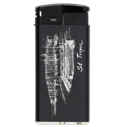 Briquet Atomic large électronique plastique noir décor St Tropez