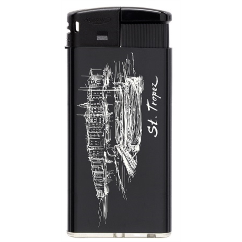 Briquet Atomic large électronique plastique noir décor St Tropez