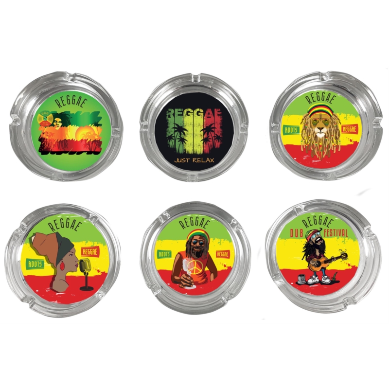 Cendrier en verre transparent diam 10.5 cm décors rasta reggae 6/72