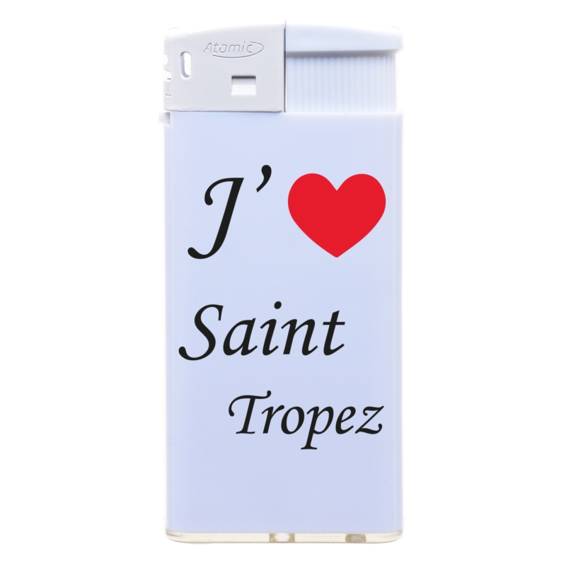 Briquet Atomic plat piézo plastique blanc J'aime ST TROPEZ