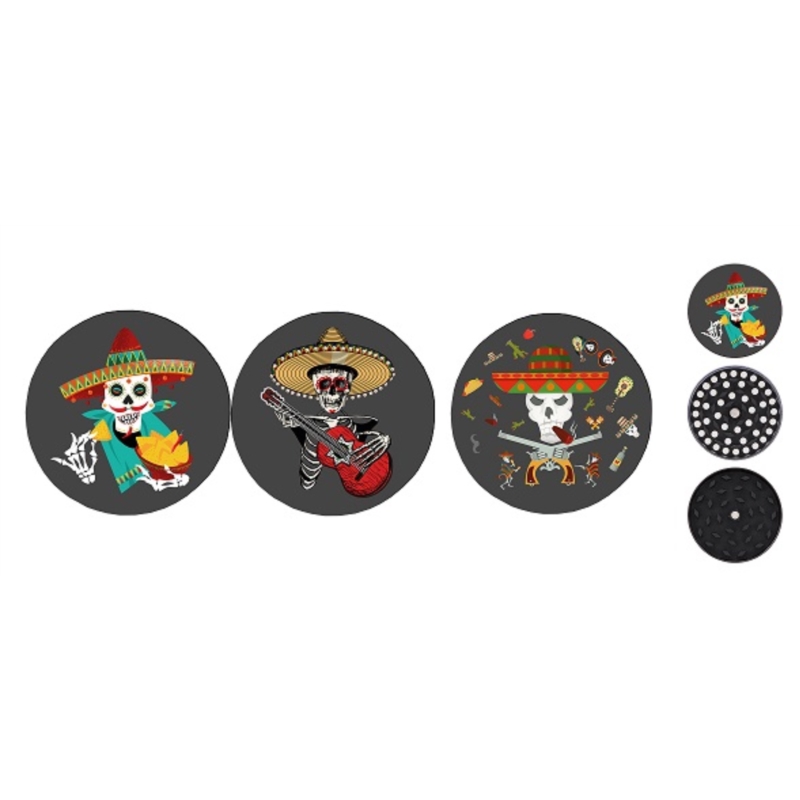 Broyeur à tabac en métal noir 50mm 3 parts décors Sombrero skull6/120