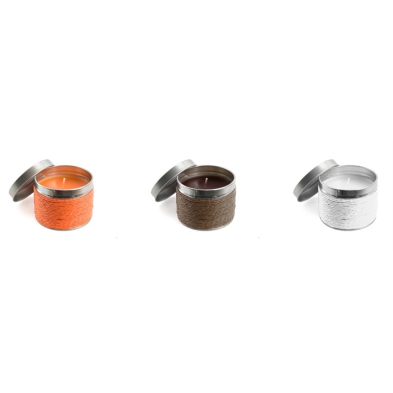 Bougie aromatique métal corps corde vanille, orange et chocolat