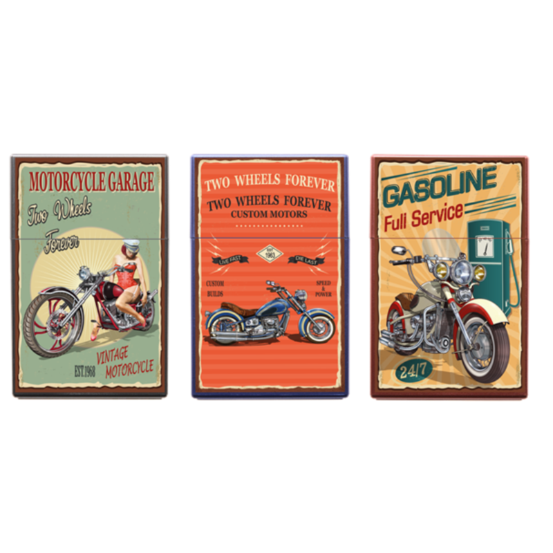 Boite étui paquet 20 cig 85mm plastique décors Motos 12/240
