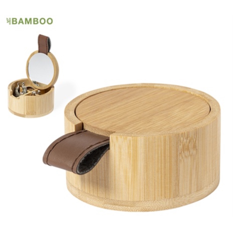 Coffret à bijoux en bambou 4 compart. couvercle miroir Ø7.9 cm 1/50