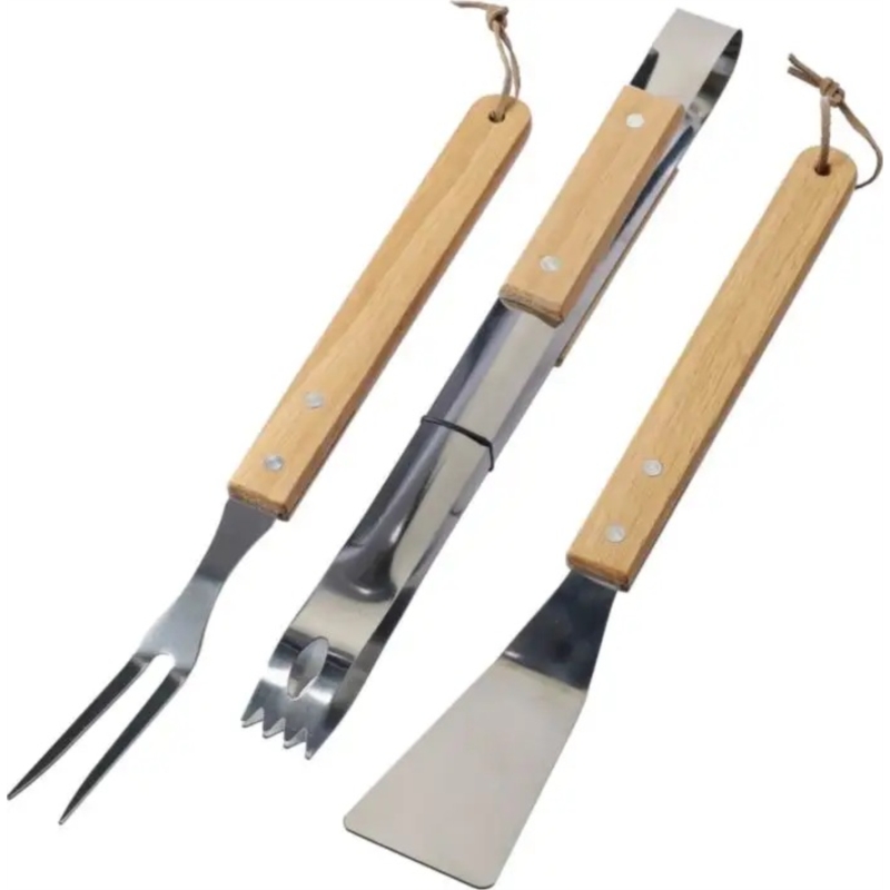 Set barbecue : spatule, fourchette et pince bois/acier boite ind. /24