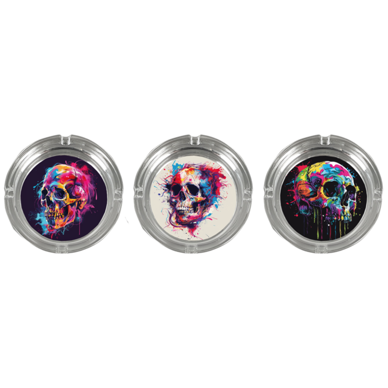 Cendrier en verre transparent diam 10.5 décors Skull /6