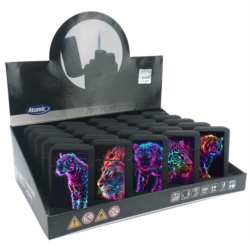 Briquet Atomic jet flamme gomme Scuba noir décors Félins laser