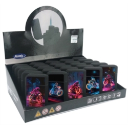 Briquet Atomic jet flamme gomme Scuba noir décors Motos laser