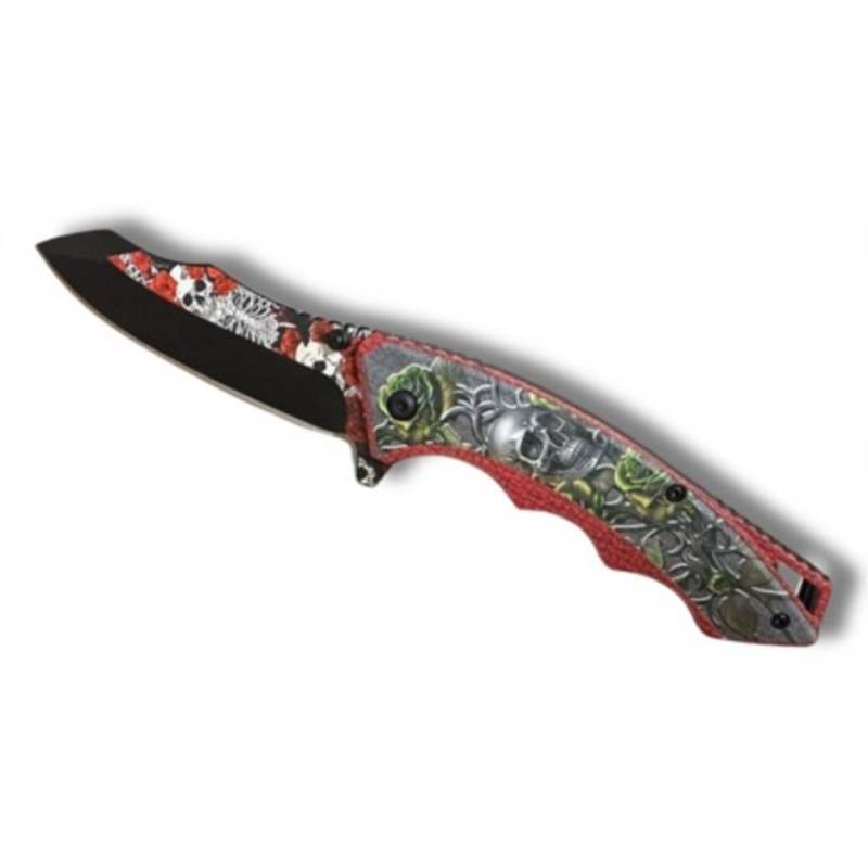 Couteau Skull rose rouge ouverture assistée