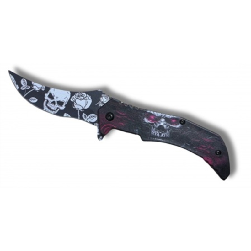 Couteau Skull rose violet/noir ouverture assistée