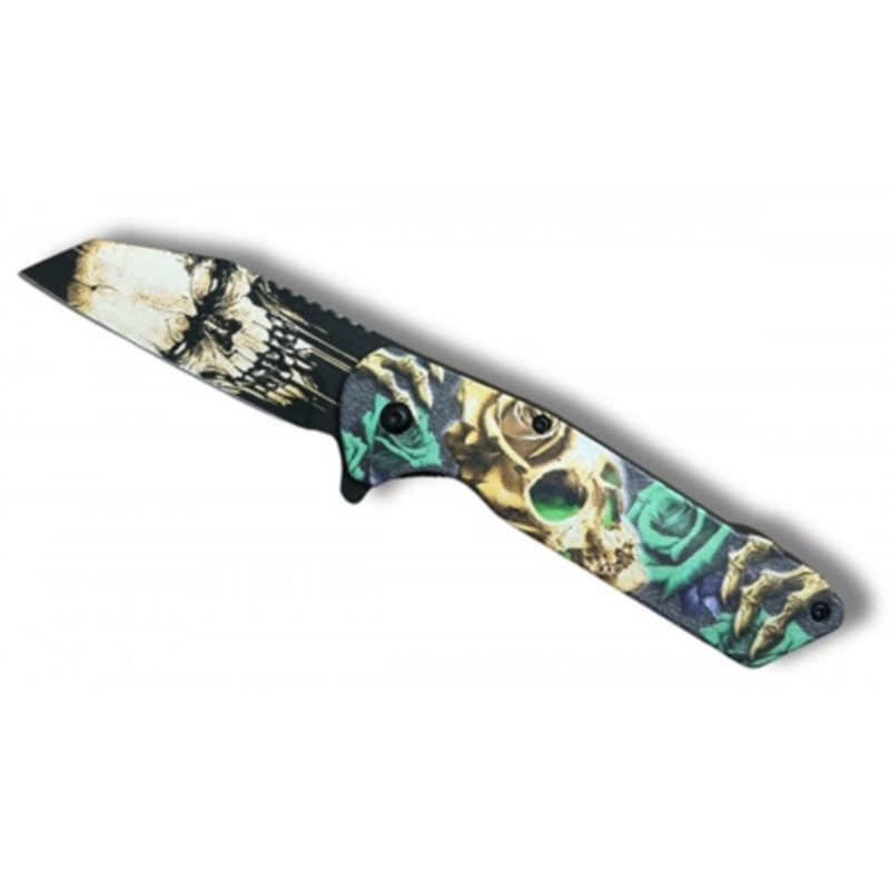 Couteau Skull rose vert ouverture assistée