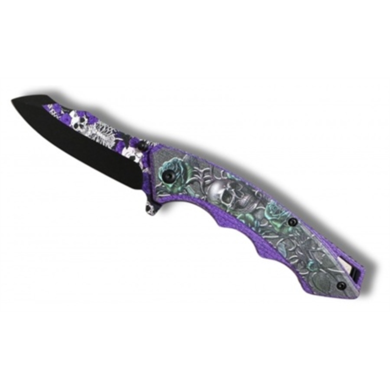 Couteau Skull rose violet ouverture assistée