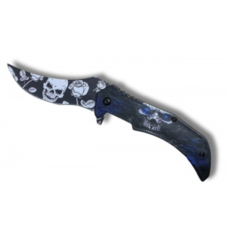 Couteau Skull rose bleu/noir ouverture assistée