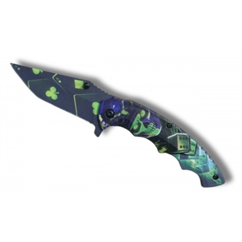 Couteau Poker skull vert ouverture assistée