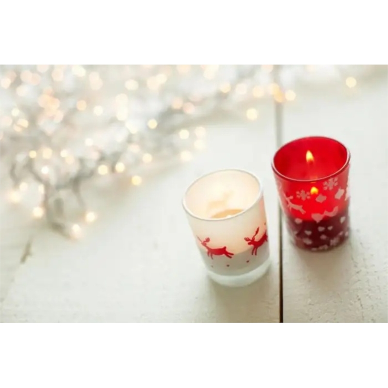 Bougie en verre décorée Noel rouge/blanc Ht 6.3 cm 1/60