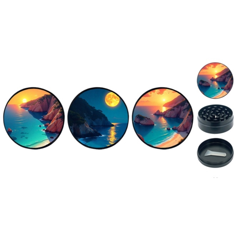 Broyeur à tabac en métal noir 50mm 3 parts décors Sunset plage 6/120