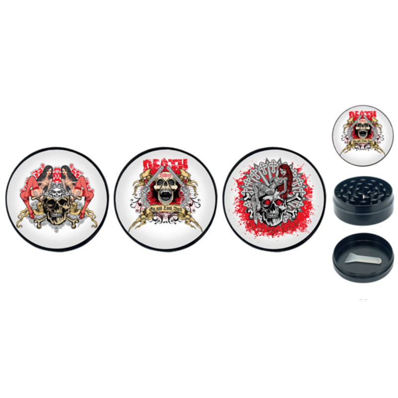 Broyeur à tabac en métal noir 50mm 3 parts décors Bikers skull 6/120