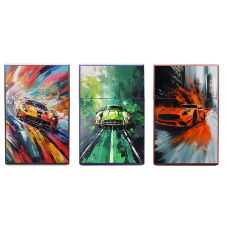 Boite étui paquet 20 cig 85mm plastique décors Voitures sport 12/240