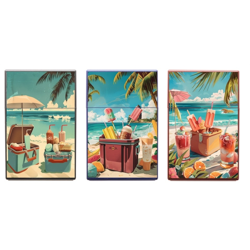Boite étui paquet 20 cig 85mm plastique décors Plage rétro 12/240