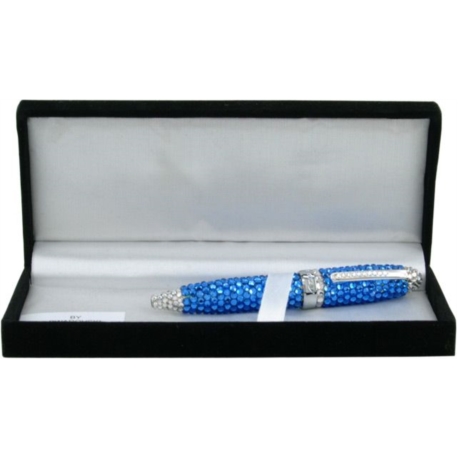 STYLO AVEC CRISTAUX SWAROVSKI BLEU DANS BOITE CADEAU 50/100*