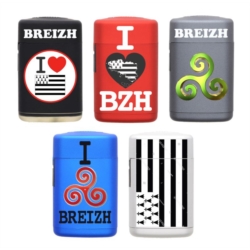 Briquet Atomic jet flamme gomme métallisés décors Bretagne Logos