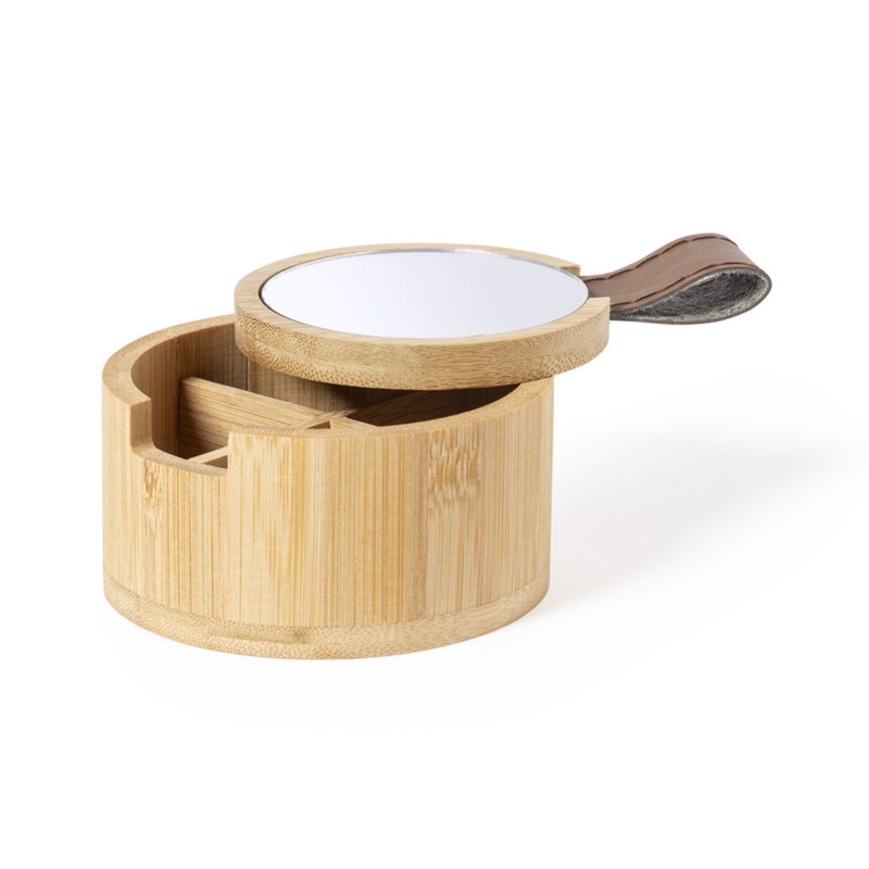 Coffret à bijoux en bambou 4 compart. couvercle miroir Ø7.9 cm 1/50