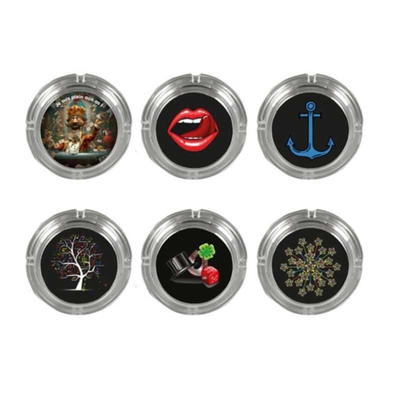 Cendrier en verre transparent diam 10.5 décors Pêle Mêle /6