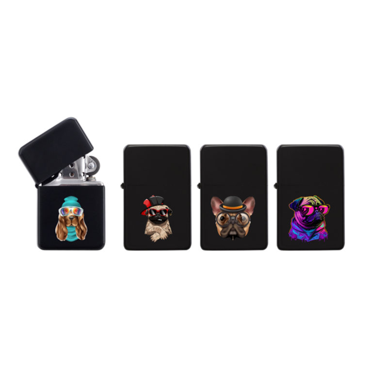Briquet Atomic essence métal noir décors Animaux lunettes