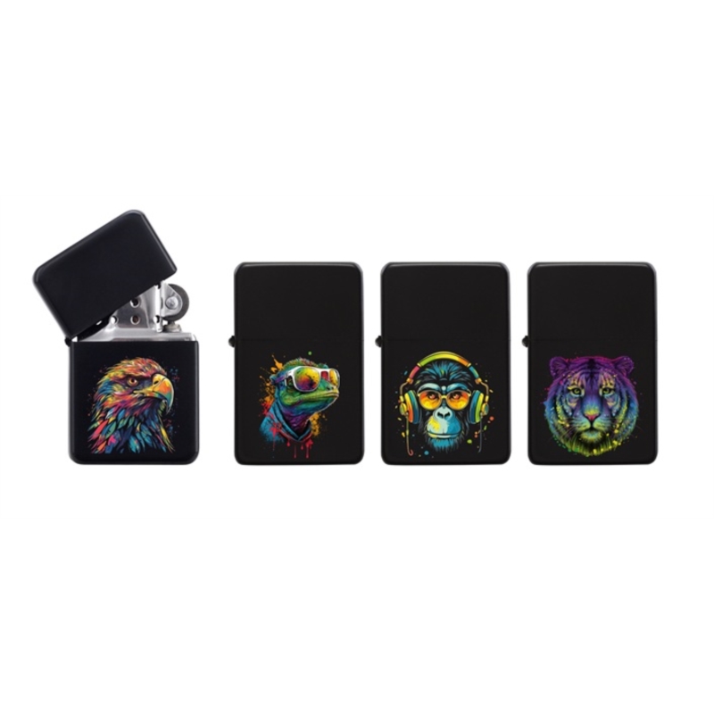 Briquet Atomic essence métal noir décors Animaux laser