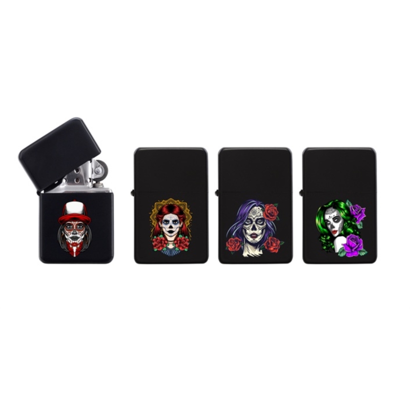 Briquet Atomic essence métal noir décors La Catrina